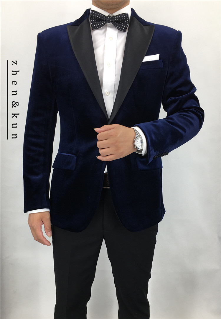 Zhenkun天鹅绒西装外套男新款结婚礼服枪驳领修身宋仲基同款西服