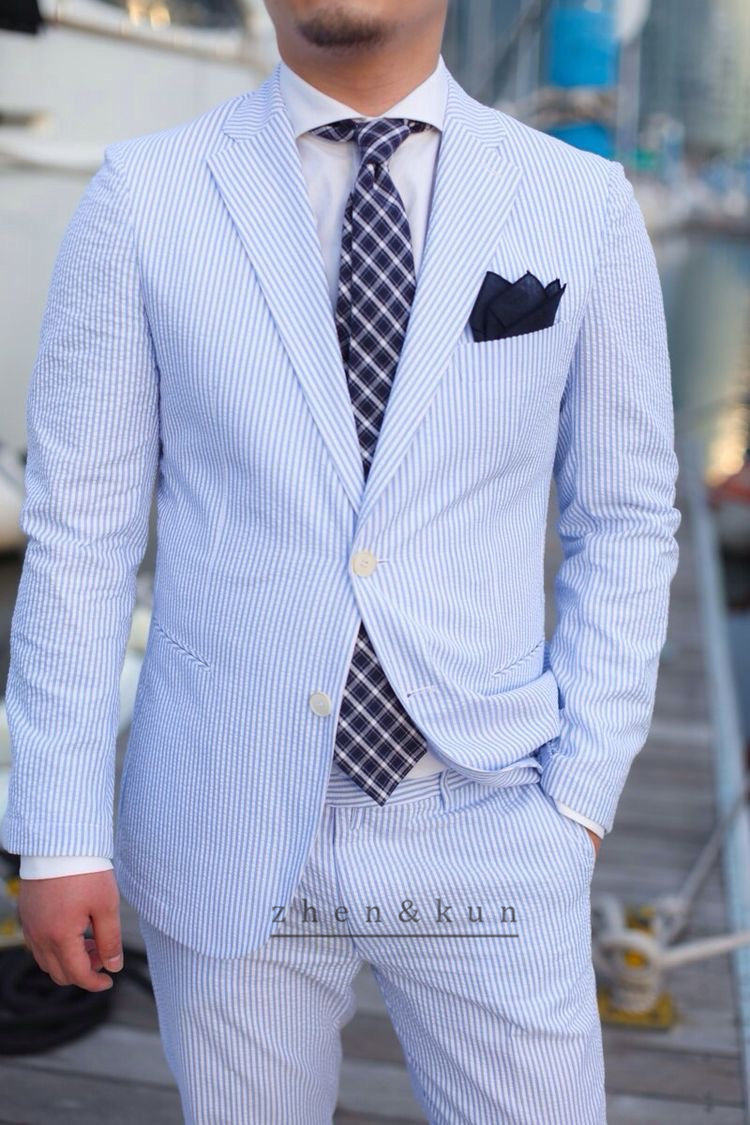 春秋新款纯棉蓝色泡泡纱西装外套男式半里单西服Bubble yarn suit
