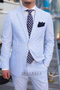 yarn 春秋新款 半里单西服Bubble 外套男式 suit 纯棉蓝色泡泡纱西装