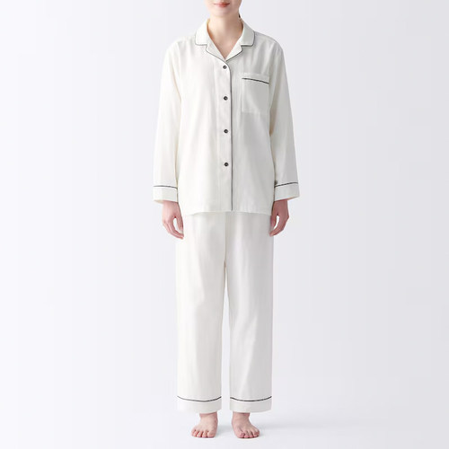 专柜同款无印纯棉双层纱睡衣女士纯色长袖无侧缝家居服套装男薄款