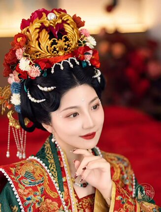 宋制婚礼3D打印莲花冠汉服古典宋制汉服婚嫁珍珠冠发饰宋冠套装