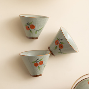 包邮纯手绘荷花斗笠杯冰裂品茗杯柿柿如意主人杯陶瓷功夫茶具