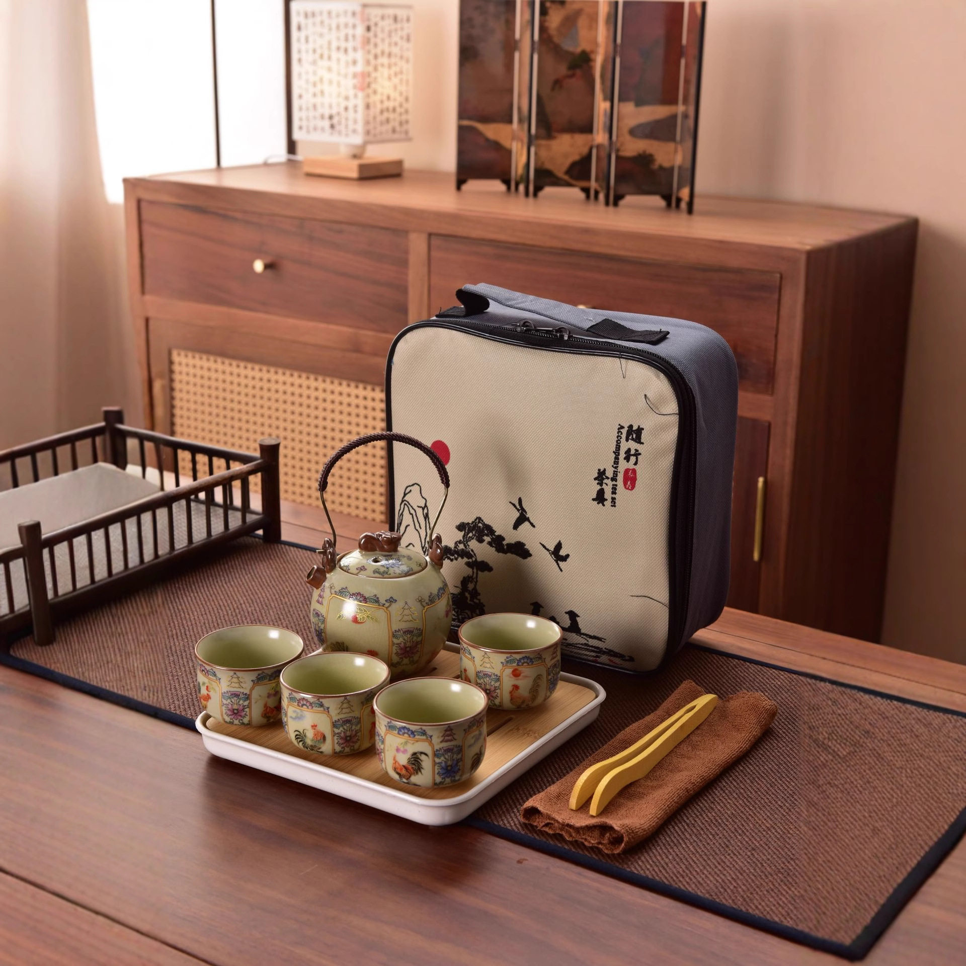 汝窑提梁壶茶具套装便携式户外旅行一壶四杯家用陶瓷泡茶壶伴手,餐饮具,整套茶具,淘宝优惠券,粉丝福利购,淘宝优惠卷