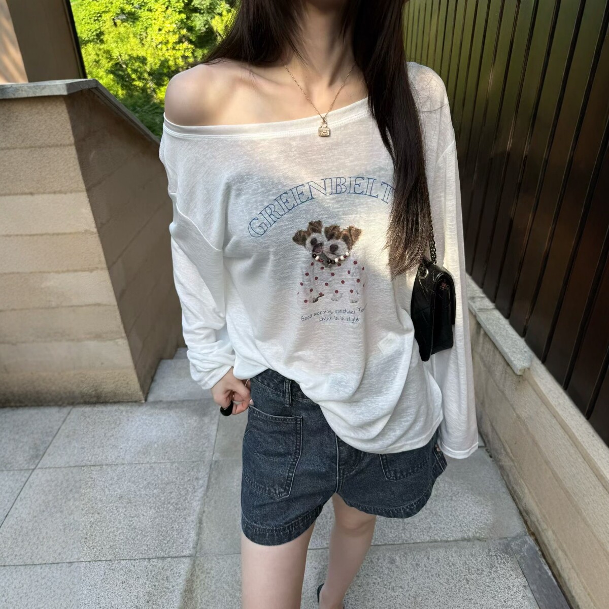可爱小狗印花一字领防晒罩衫女2026夏季新款松弛舒适薄款长袖T恤