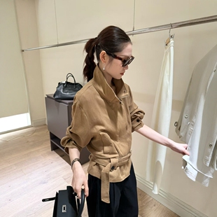 设计感长袖 配腰带 洋气时尚 外套 上衣女 老钱风立领收腰亚麻薄款
