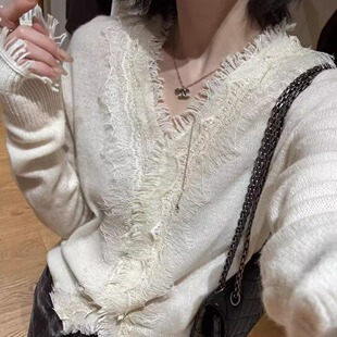 欧洲站2025冬季新款洋气显瘦拼蕾丝羊毛针织衫女高级感长袖打底衫