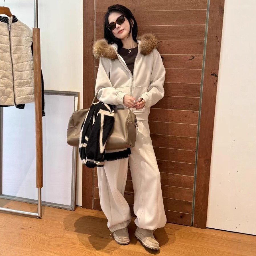 大毛领连帽卫衣卫裤两件套