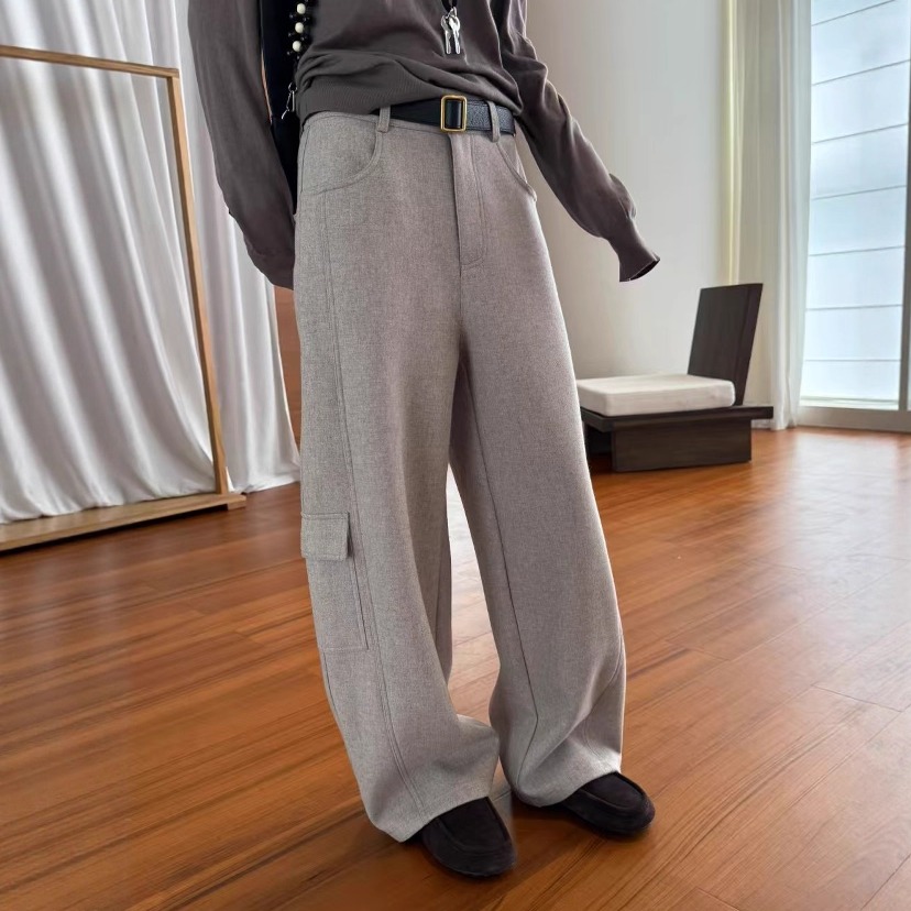 欧洲站2025秋冬新款高品质双口袋羊毛休闲弯刀裤女显瘦加绒工装裤