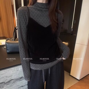 欧洲站2025冬季新款植绒波点半高领打底衫+吊带背心女两件套上衣