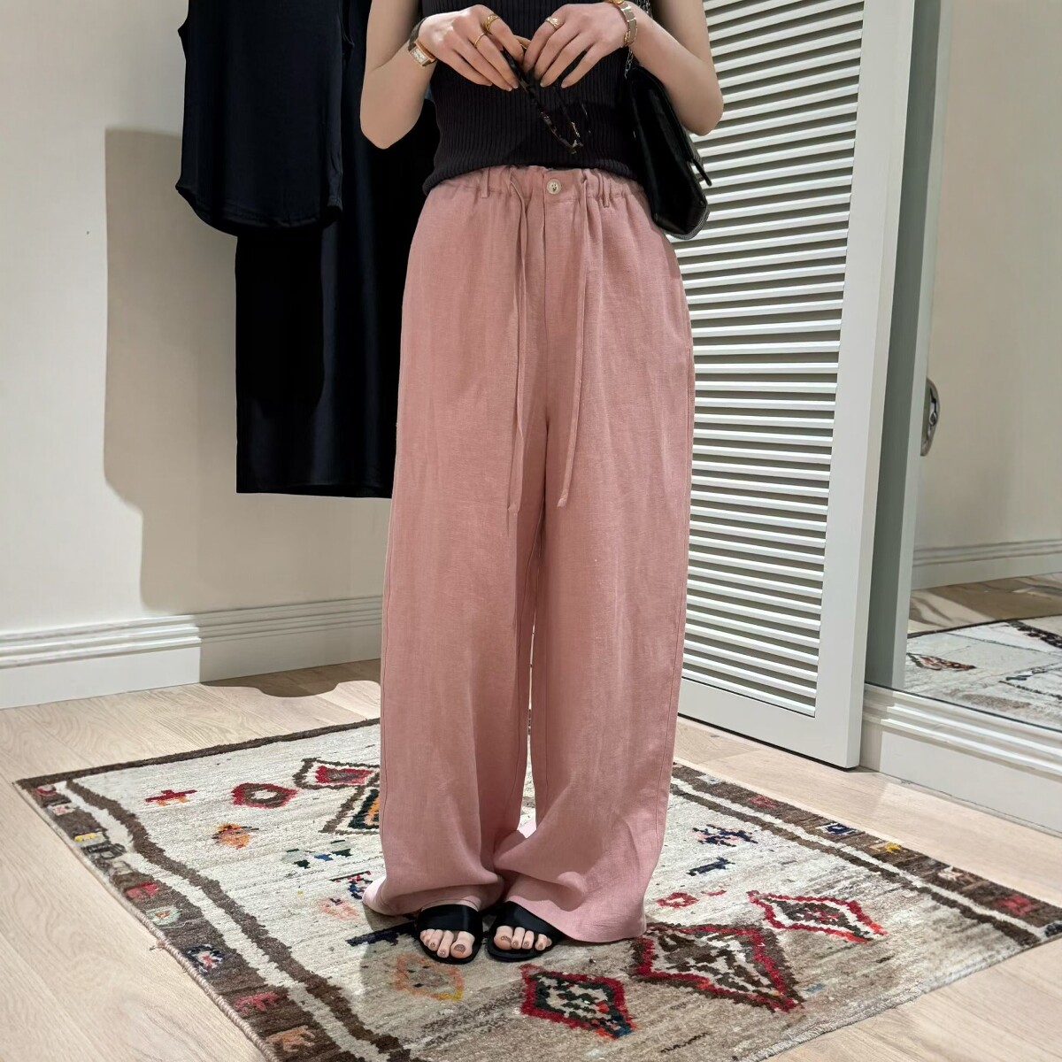 舒适薄款抽绳亚麻阔腿休闲裤女2026春夏新款松弛慵懒显瘦直筒长裤