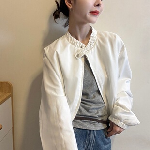 2026春装新款韩系时尚压褶立领薄款短外套女休闲百搭夹克显瘦上衣