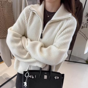 欧洲站2025秋冬新款欧货时尚双拉链软糯山羊绒高领开衫女毛衣外套