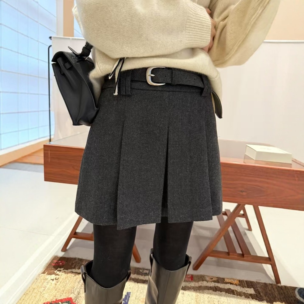 miu系灰色毛呢短裙百褶裙