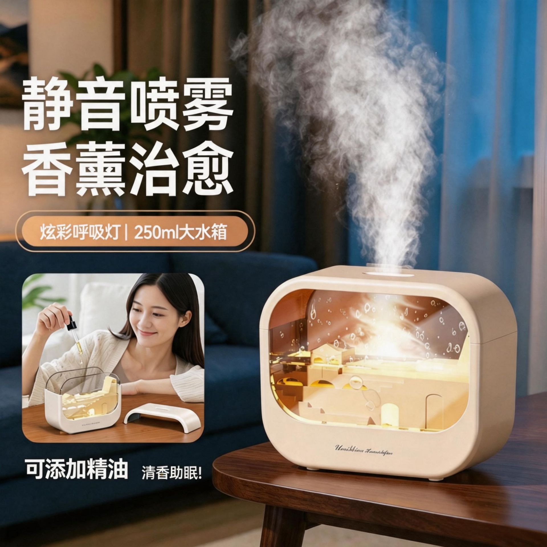 微景观香薰机加湿器七夕送女友七彩氛围灯家用卧室桌面喷雾插电