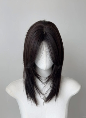 假发鲻鱼头中分黑色中长发锁骨发日系半扎狼尾假发全头套