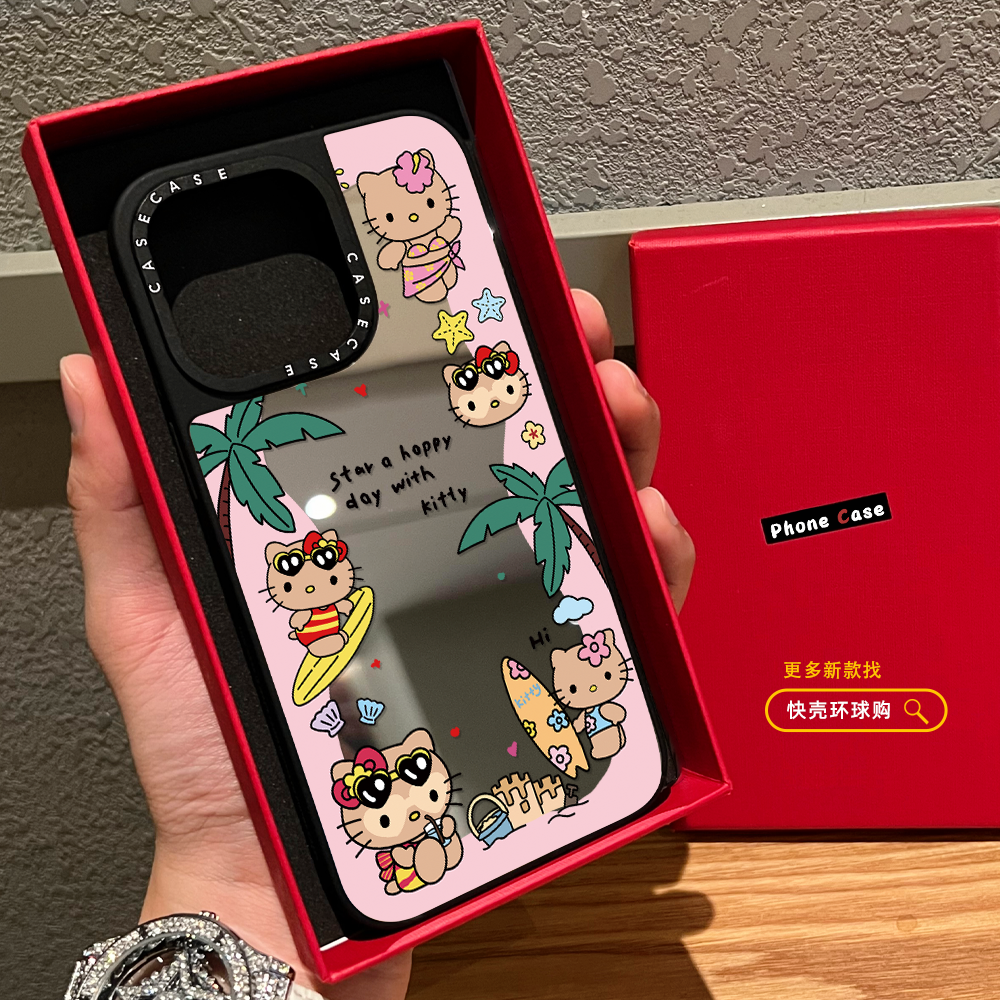 环绕椰树黑皮kitty猫适用苹果16promax手机壳iphone17镜面MagSafe磁吸15pro黑皮玉桂狗14日韩13卡通plus