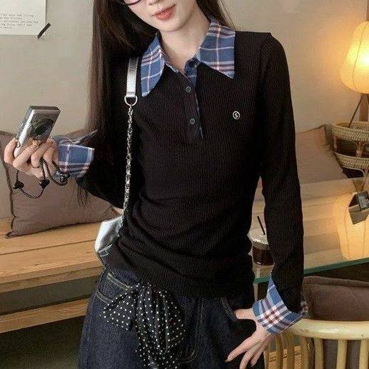 春秋新款设计感假两件格纹撞色打底衫POLO针织衫女秋套头长袖上衣,女装/女士精品,毛针织衫,淘宝优惠券,粉丝福利购,淘宝优惠卷