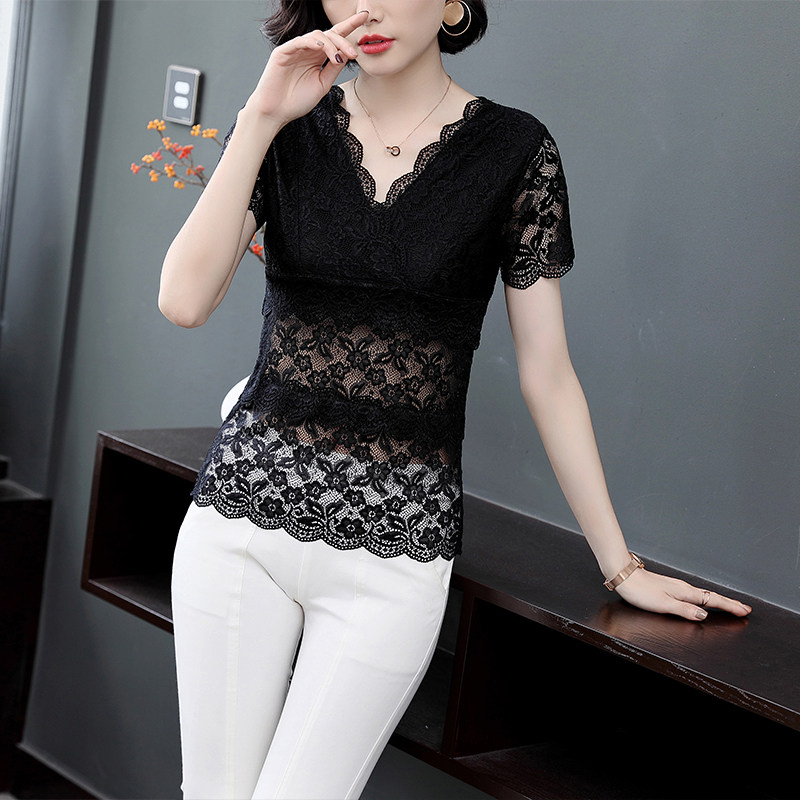 欧货蕾丝衫短袖上衣女 2023新款v领性感镂空洋气小衫宽松大码T恤