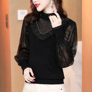 镂空上衣打底衫 半高领针织衫 女2025秋内搭拼接假两件毛衣女网纱袖