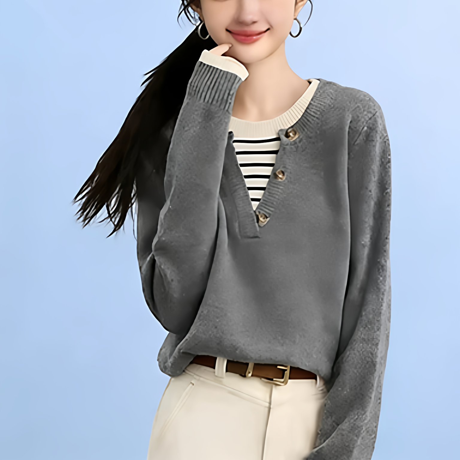 假两件条纹拼接灰色毛衣女秋冬百搭慵懒松弛感套头针织衫女上衣,女装/女士精品,毛针织衫,淘宝优惠券,粉丝福利购,淘宝优惠卷