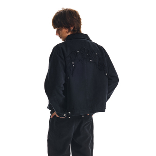 aphasiagallery黑色翻领牛仔夹克硬质挺阔贴布绣花短款上衣外套