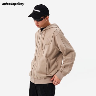 aphasiagallery秋冬拼接刺繡連帽衛衣拉鏈外套做舊毛邊情侶上衣