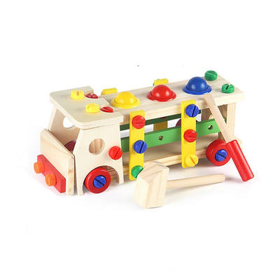 动手动脑智力玩具儿童车积木拼插木制拆装敲球工具车敲打车螺母木