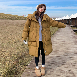 连帽卡其色中长款羽绒棉服女冬超火好看高级小众加厚棉衣棉袄外套图片