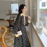 法式复古碎花连衣裙女2025春秋季新款韩系赫本风收腰显瘦茶歇长裙，女装连衣裙，2B148