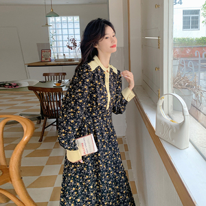 法式复古碎花连衣裙女2025春秋季新款韩系赫本风收腰显瘦茶歇长裙图片