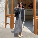 韩系复古皮衣马甲条纹连衣裙套装女春秋2025新款简单大方超火裙子，女装套装/套裙，2B148