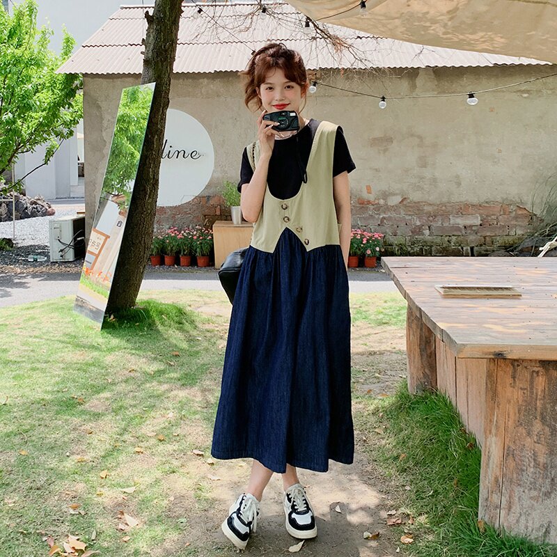 牛仔拼接撞色背心连衣裙221-2385-P125K178,女装连衣裙,2B148