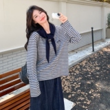 学院风条纹卫衣套装裙女2025秋季新款松弛感休闲牛仔半身裙两件套，女装套装/套裙，2B148