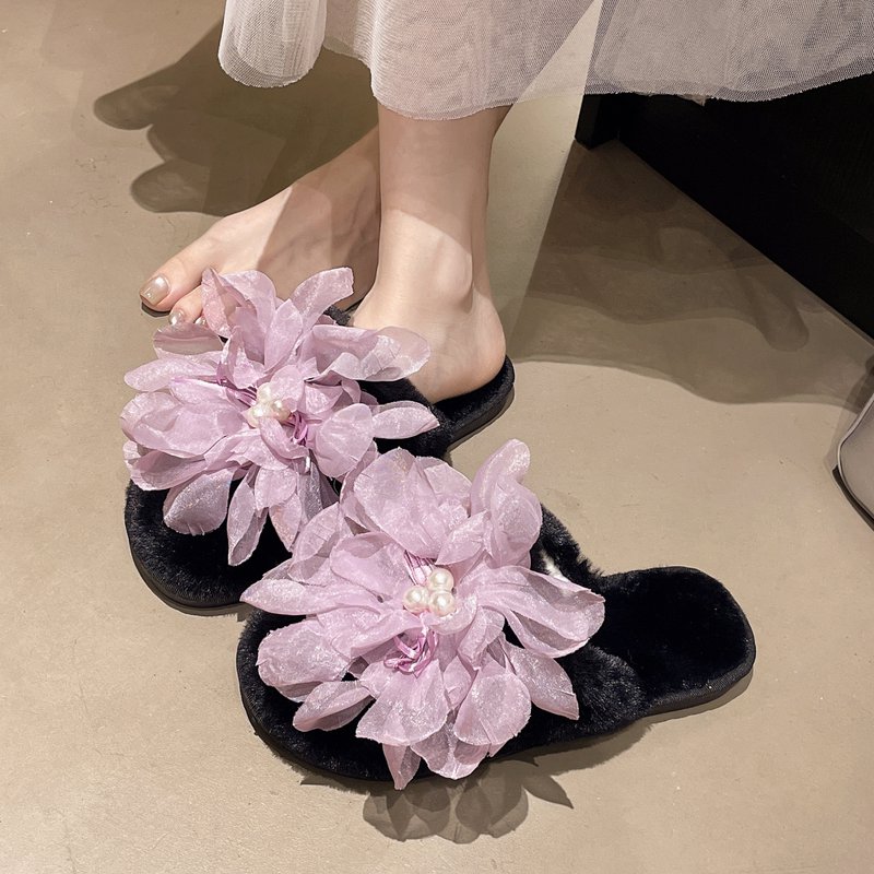 韩系网纱花朵棉拖鞋女冬季仙气少女居家拖鞋静音保暖软底毛毛拖鞋