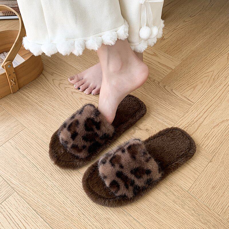 复古风个性豹纹棉拖鞋女秋冬季少女居家拖鞋防滑软底静音毛毛拖鞋