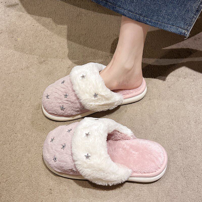小香风水钻星星毛毛拖鞋女秋