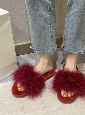 春夏新款红色喜庆洋气本命年伴娘毛毛拖鞋女冬季新娘婚礼晨袍婚鞋