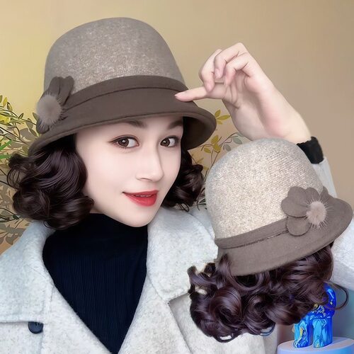 帽子假发一体秋冬时尚中老年妈妈帽短卷发带头发百搭礼帽全头套女