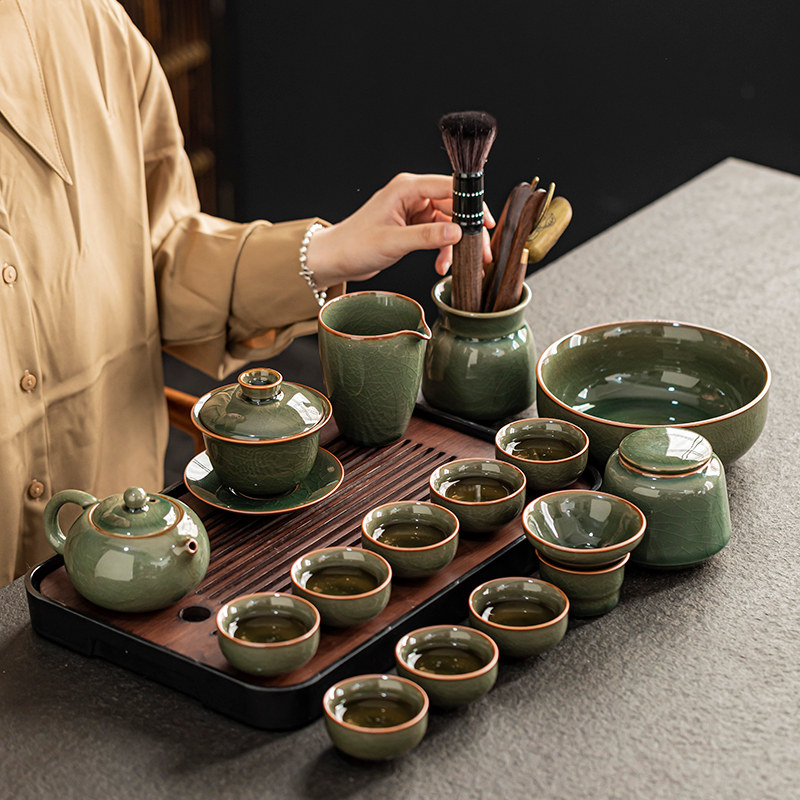 密釉哥窑功夫茶具茶盘套装家用高档轻奢陶瓷泡茶壶茶杯办公室会客