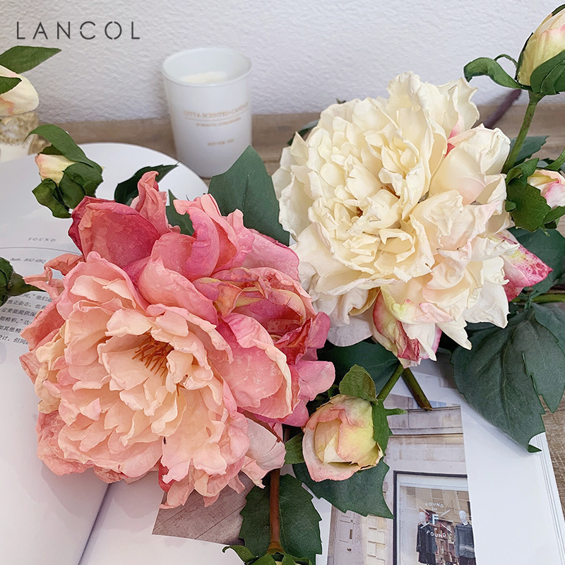 Lancol欧式复古仿真花 白粉色油画大牡丹 客厅餐桌装饰花摄影假花图片