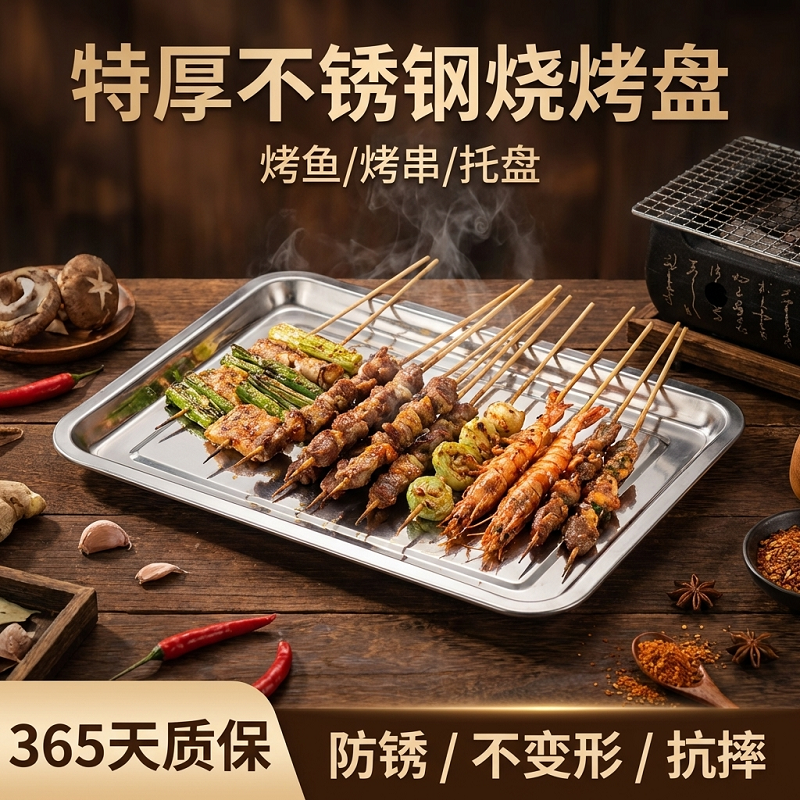 不锈钢烧烤盘子商用烧烤店专用点菜盘炸串烤串放串盘托盘展示盘