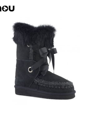mou缎带兔毛装饰羊皮毛一体女士舒适休闲中筒靴 雪地靴冬靴