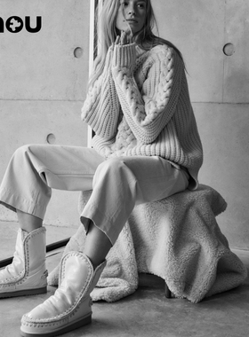 mou 冬 ESKIMO 24女士羊皮毛一体漆皮圆头平底雪地靴