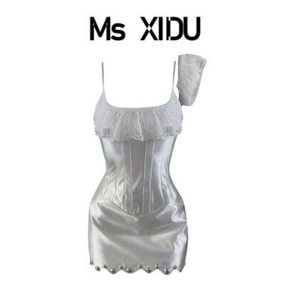 Ms XIDU 白色浪漫朋克蕾丝缎面吊带重工连衣裙女夏季辣妹包臀裙子