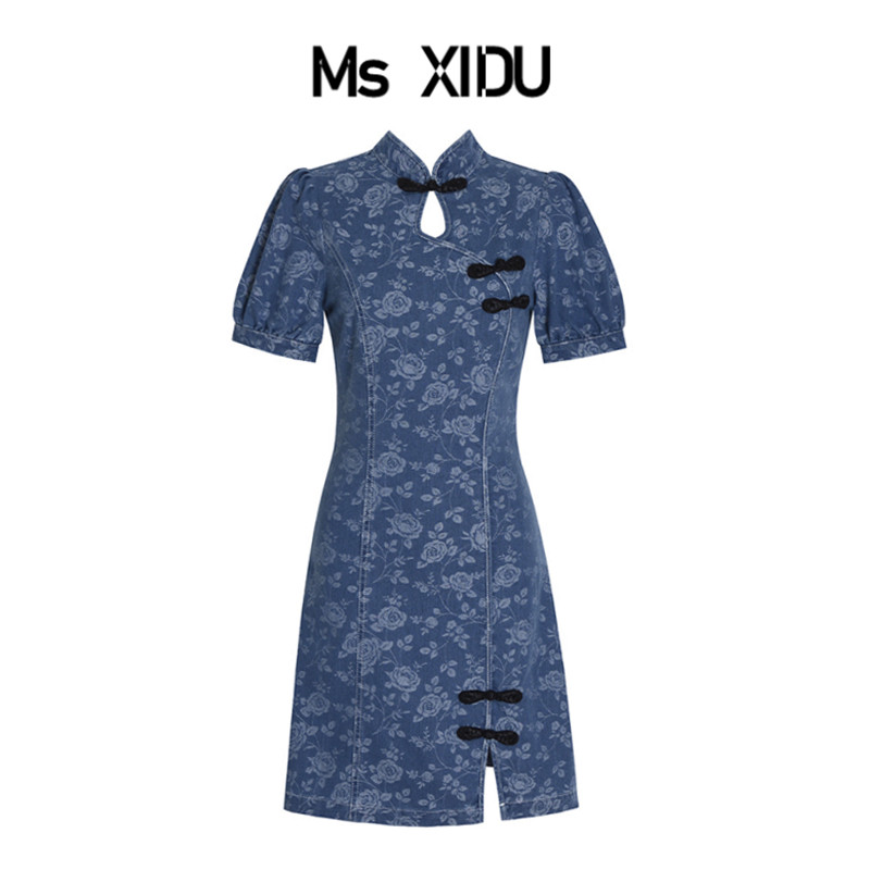 Ms XIDU 【玫瑰之吻】新中式立体玫瑰印花牛仔改良旗袍裙女连衣裙