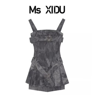 減齡短裙褲 XIDU 辣妹抹胸兩穿牛仔吊帶連衣裙女夏顯瘦扎染美式