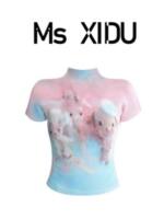 Ms XIDU "Dreamy Little Lamb" Pink and Blue printed Dopamine Cute Pleated y2k Hot Girl Pineapple Blouse Short-sleeved T-shirt thumbnail 2