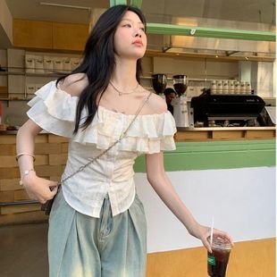 甜美风修身 女夏季 2025新款 上衣 短款 一字领荷叶边短袖 杏色法式 衬衫