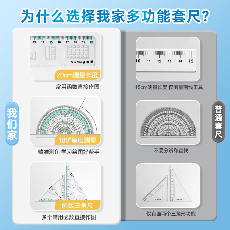 多功能中小学生绘图尺高中生函数几何绘画套装考试用三角尺量角器