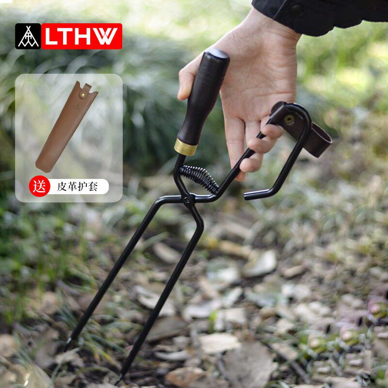 LTHW旅腾不锈钢焚火钳木手柄木材木炭烧烤钳子实心钢棒火棍碳夹子